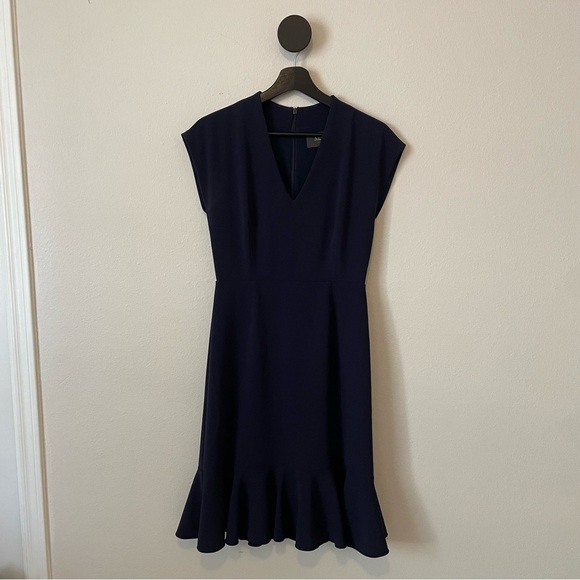 Max Mara Dark Navy Blue V Neck Flutter Skirt Dress US 4